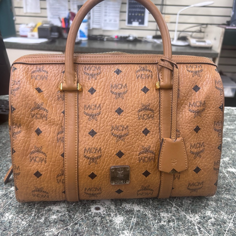 MCM Cognac Logo-Print Leather Bag